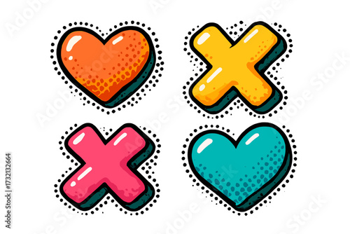 Xoxo hugs and kisses sticker pack. 3D pop art hearts and crosses in vintage comic style. Cute girly bubble lettering illustration set for Valentine's day. Love romance symbols.