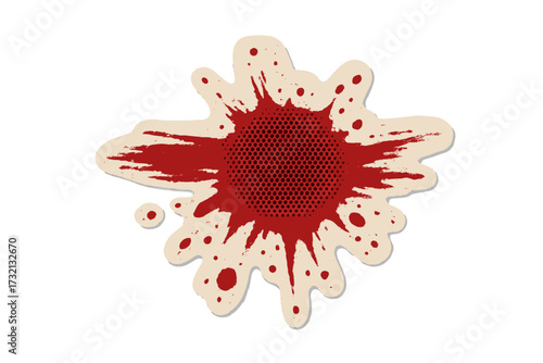 Red blood splash halftone sticker. Mixed media collage paper cut out. Grunge dotted vintage illustration in 90s zine style. Horror paint splatter, crime scene evidence vector.