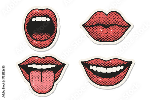 Vector set of trendy Y2K mouths. Pop art collage elements with paper cutout effect. Retro halftone lips showing expressions like scream, smile, kiss, and tongue out.