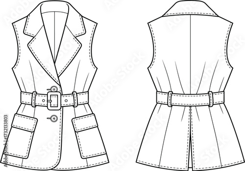 Vector illustration of sleeveless belted blazer vest with lapel collar, buttons, front pockets, and back view technical fashion drawing template