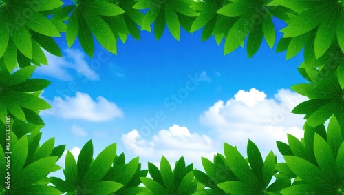 Lush Green Leaves Framing a Bright Blue Sky with Fluffy White Cl