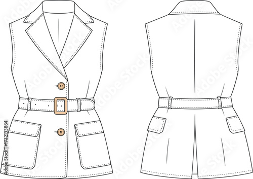 Vector illustration of sleeveless belted blazer vest with lapel collar, front buttons, large pockets, and back view technical fashion drawing