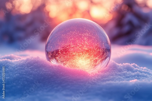 Snow globe in snow, surrounded by white flakes.