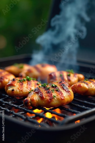 Succulent BBQ grilled chicken and vegetables sizzling on a hot grill, smoke rising, creating a mouthwatering scene of summer grilling perfection , tender, colorful