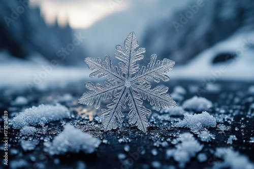 Snowflakes falling on a snowy floor.