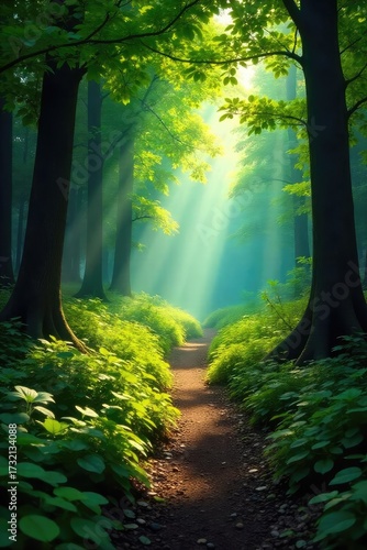 Sun-dappled forest path winds through lush greenery, sunlight filtering through leaves, creating a magical, peaceful scene A hidden paradise awaits exploration , scenic, tranquil, plantlife