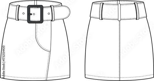 Women’s belted mini skirt fashion technical flat sketch, front and back view garment illustration with pocket detail template