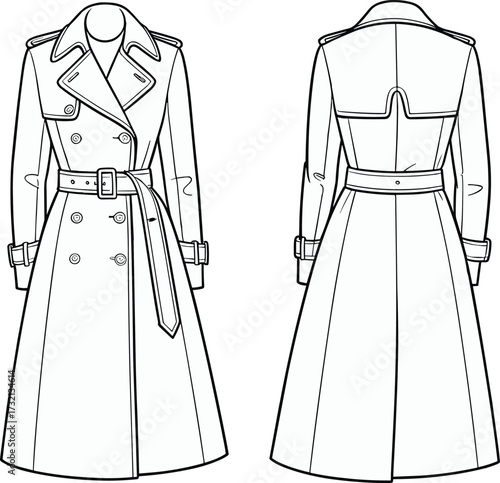 Women’s classic double breasted trench coat fashion flat sketch with belt and storm flap technical illustration template