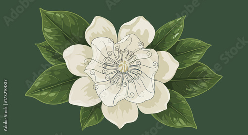 Creamy white flower with green leaves against a dark green background