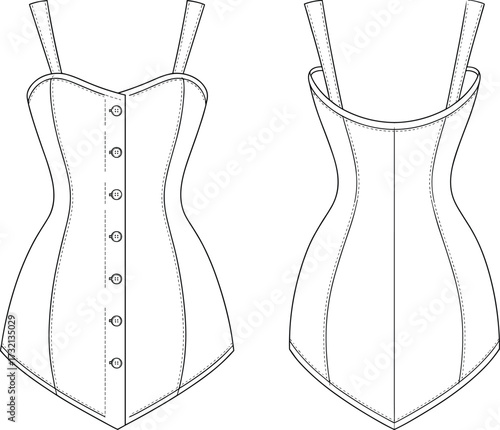 Women’s fitted corset top fashion technical flat sketch with straps, front and back view garment illustration template