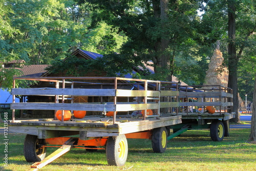 A farmer's tractor cart used to harvest pumpkins for fall decorations.  Cornstalk teepees appear in the background