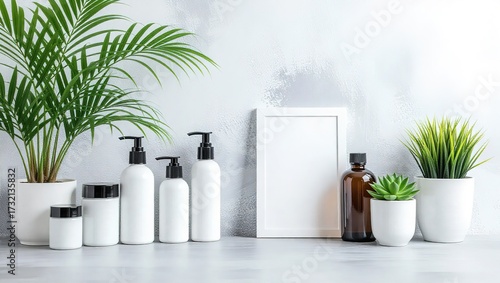 Minimalist beauty product display with plants and a blank frame