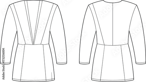 Women’s long sleeve tunic top fashion flat sketch with pleated front detail and fitted waist seam template