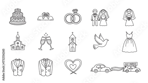 Wedding icon set simple line art vector illustration for marriage ceremony isolated on white background