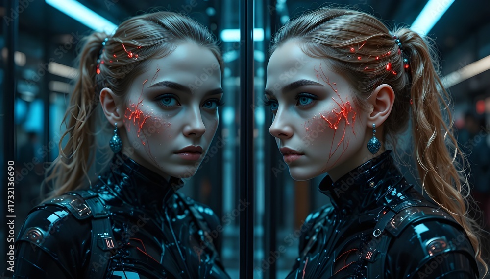 Obraz premium Futuristic female double agent, her reflection in glass showing genetic mutations. 