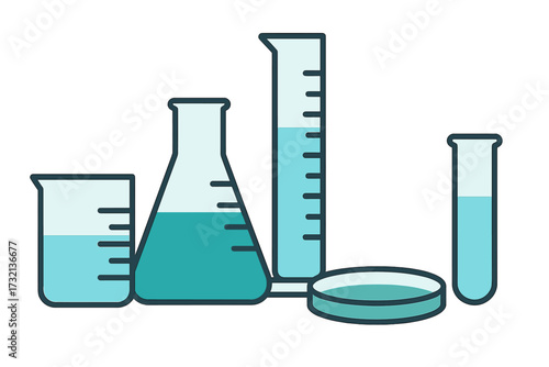 Laboratory glassware set with beakers, flasks, and tubes for chemistry experiments and scientific research