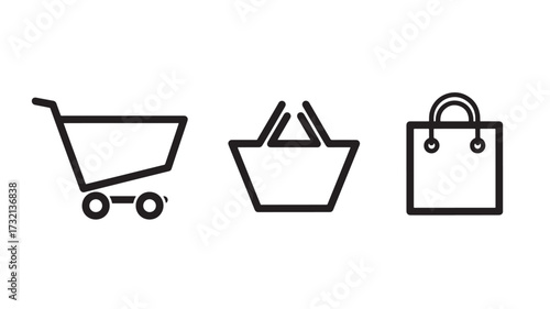 Shopping cart basket and bag icons simple line vector symbols for e-commerce and retail isolated on white background