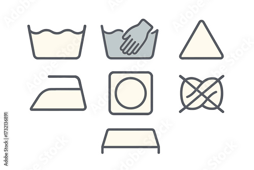 Comprehensive set of essential laundry care symbols for washing, drying, bleaching, and ironing clothing and textiles