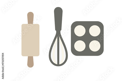 Essential baking tools set with wooden rolling pin, metal whisk, and four-cup muffin pan for culinary projects