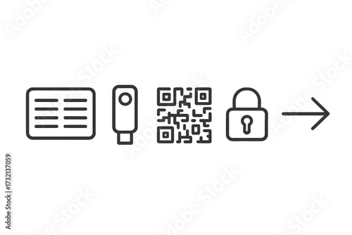 Digital data security process with document, key, QR code, and padlock icons representing access and protection workflow