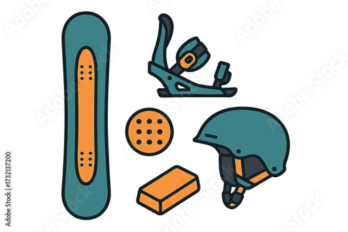 Essential snowboarding gear collection featuring a board, binding, protective helmet, and various accessories for winter recreation