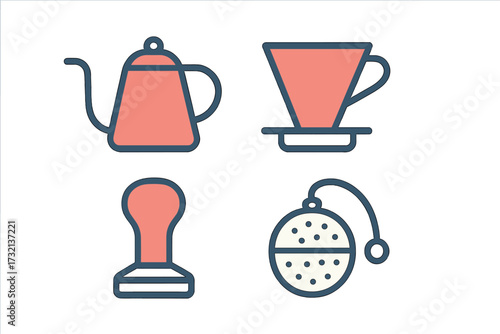 Coffee and tea brewing equipment icons including kettle, dripper, tamper, and infuser for hot beverage preparation