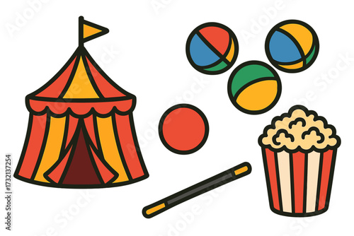 Vibrant classic circus tent with juggling balls, clown nose, magic wand, and popcorn set, representing fun and entertainment