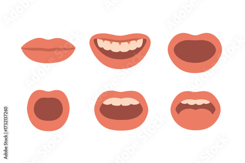 Human mouth expressions showing various emotions and speech actions like smiling, talking, and closed lips for communication concepts