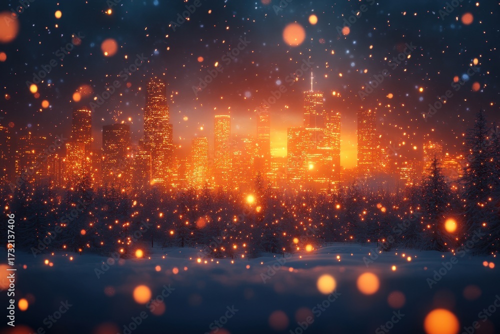 Naklejka premium Snow-covered cityscape with glowing lights on a winter night, perfect as a desktop wallpaper.