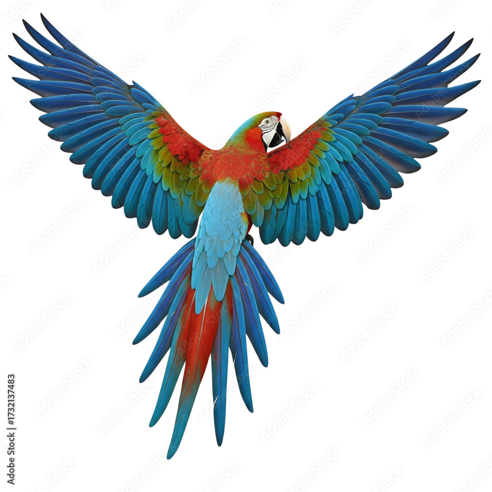 Obraz premium Flying Macaw Parrot with Wide Open Wings, isolated