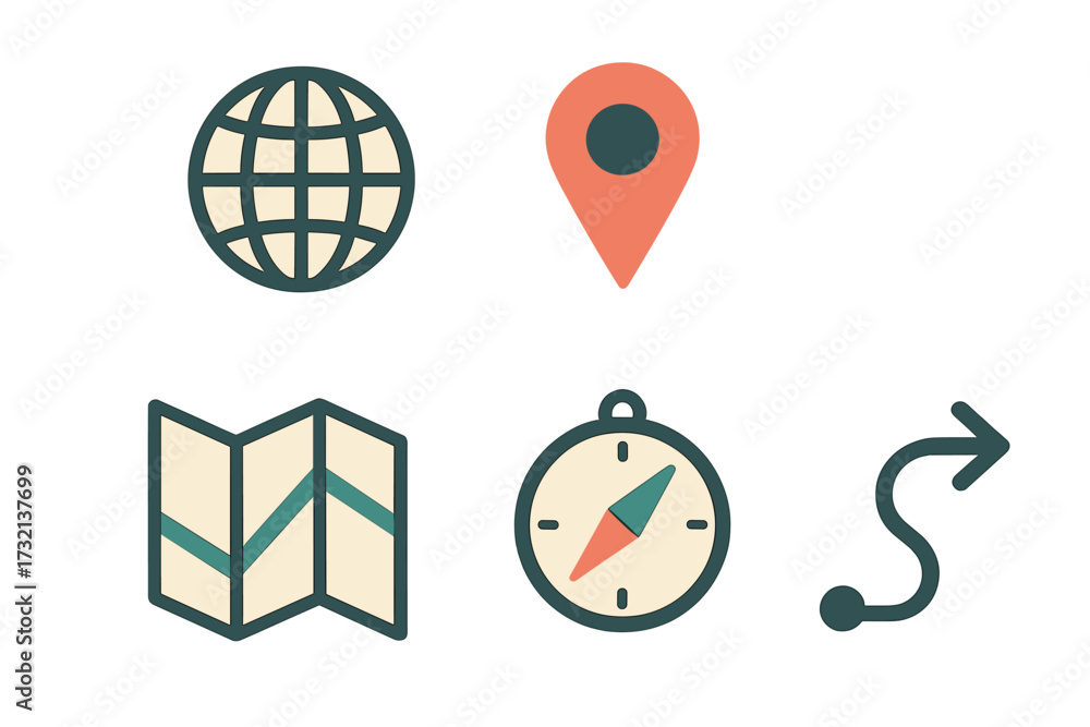 Obraz premium Global navigation and travel icons set featuring map, compass, location pin, and route path for digital interfaces
