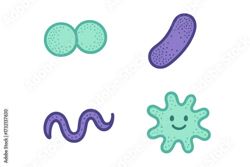 Colorful set of stylized microscopic organisms and bacteria shapes for biology and science education and research