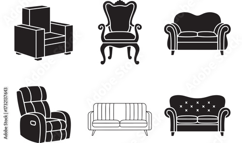 Set of black and white furniture icons vector silhouettes of chairs and sofas isolated on white background
