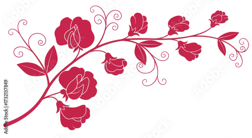 Obraz na plátně Red floral design with curly tendrils, leaves, and stylized blooms