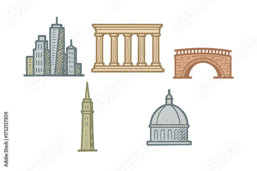 Architectural icons set with modern skyscrapers, classical temple, stone bridge, tall tower, and domed building
