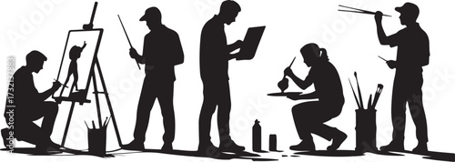 Silhouettes of artists painting and drawing in a studio setting easel