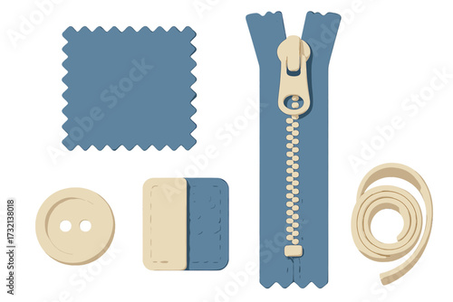 Assortment of essential sewing supplies and textile accessories for craft projects including zipper, button, fabric swatch, and ribbon