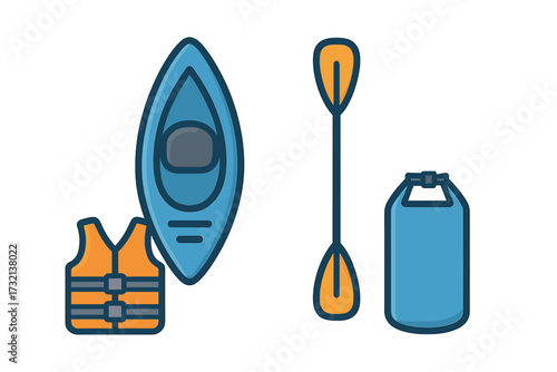 Essential kayaking and water sports equipment set including a paddle, life vest, dry bag, and boat for outdoor adventure