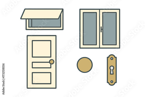 Modern architectural elements collection with a panel door, casement window, awning window, and door hardware