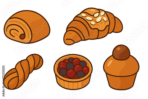 Assortment of freshly baked French pastries and sweet treats including croissants, fruit tart, and brioche