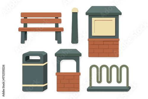Urban park and street furniture collection featuring a bench, trash can, bike rack, information stand, and bollard