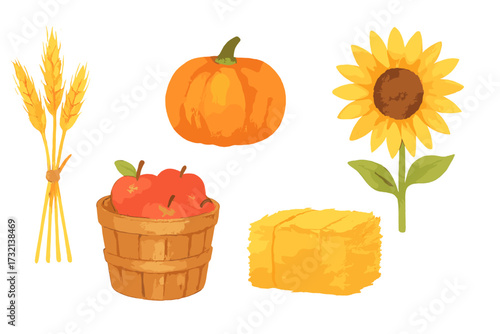 Autumn harvest elements featuring pumpkin, sunflower, wheat stalks, apples in a wooden basket, and a hay bale