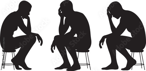 Three black silhouettes of people sitting on stools with heads bowed in thought or despair person
