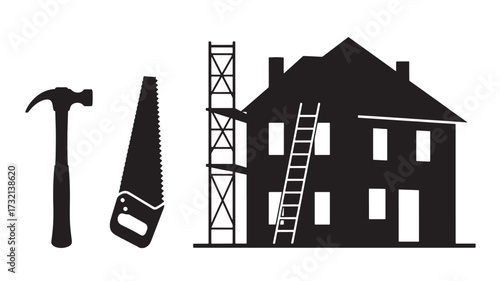 Construction tools and house silhouette vector illustration for building renovation and home improvement projects