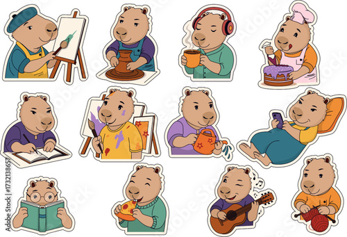 Cute capybara stickers showing various hobbies like painting, pottery, knitting, music, reading, and relaxing. Perfect for planners, digital use, or decor.
