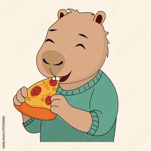 A joyful capybara happily eating a large slice of pepperoni pizza. The capybara is mid-bite with eyes closed in delight, food enjoyment.