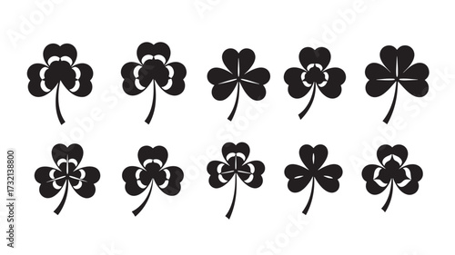 Collection of clover icons simple black vector glyphs isolated on white background for St Patricks Day designs