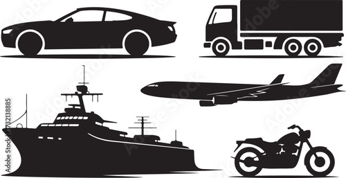 Black silhouette icons of a sports car truck airplane ship and motorcycle vector