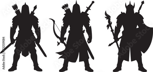 Three black silhouette fantasy warriors with swords bows and staffs on white background medieval soldier