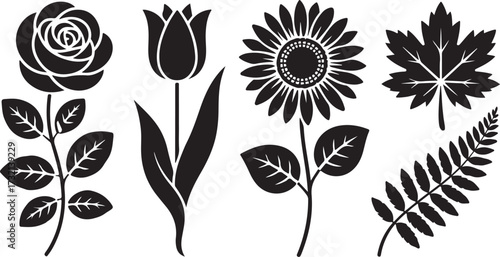 Black silhouette collection of rose tulip sunflower maple leaf and fern rose silhouette tulip silhouette